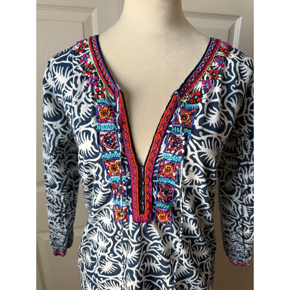 Bella Tu Cotton Resort Dress Beaded Trim Coastal Vacation Bohemian Size XS - Picture 2 of 9